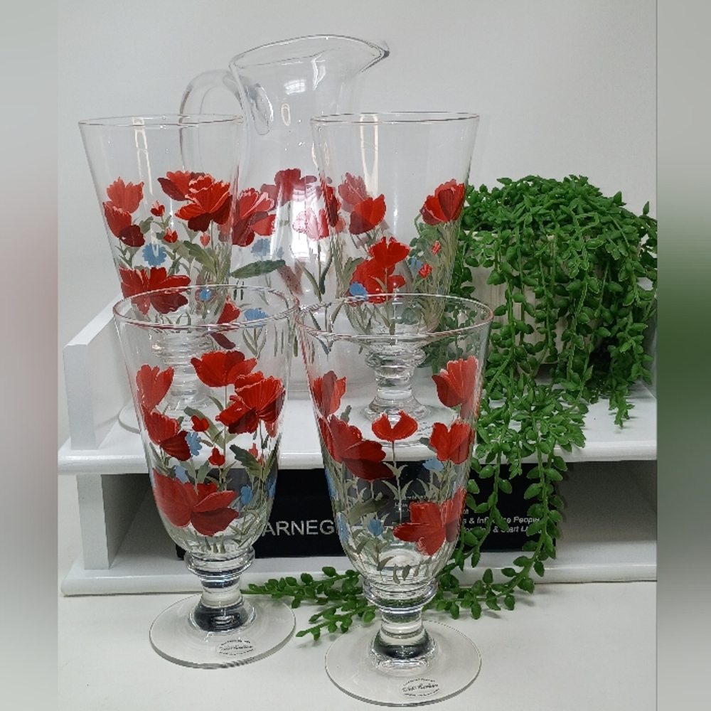 Noble Excellence Hand Painted Drinkware Set, Pitcher And Four Glasses